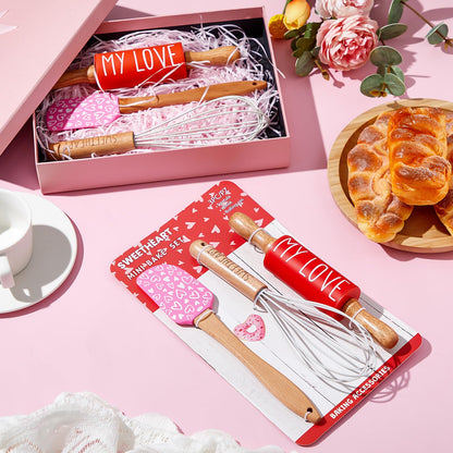 Fuutreo Valentines Holiday Mini Bake Set with Mini Spatula, Whisk and Rolling Pin, Sweetheart Pattern, Heat Resistant, Valentine Sweet Gift Bake Set for Baking Cooking Sauteing Mixing Serving Stirring