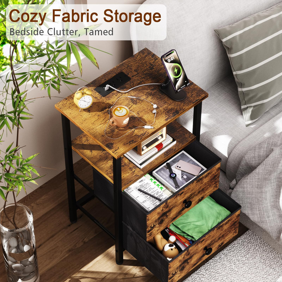 LOAKEKEL Night Stand, Nightstand with Charging Station, Slim Industrial Bedside Table with 2 Fabric Drawers, Small End Table with USB & Type-C Ports for Bedroom, Brown, HETS020BR-1