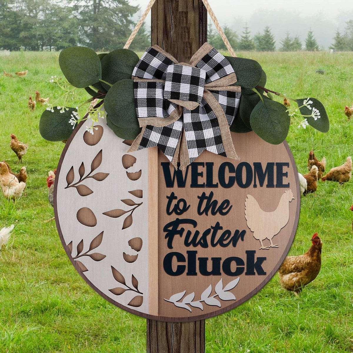 CHDITB Funny Chicken Wooden Sign, Rustic Farmhouse Wall Art Plaque, Chicken Coop Barnyard Hanging, Hen House Coop Round Sign,Welcome To The Fuster Cluck Door Hanger For Porch Outdoor Country Home Decor
