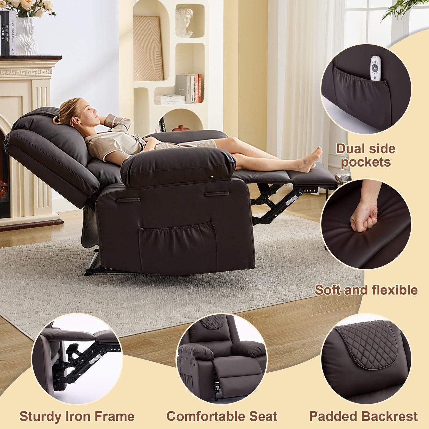 Manual Recliner Chair for Adults - 135° Front & Rear Adjustable, with Heating & Massage, Side Storage Pockets & Remote Control, Ideal for Living Room & Bedroom(Coffee)