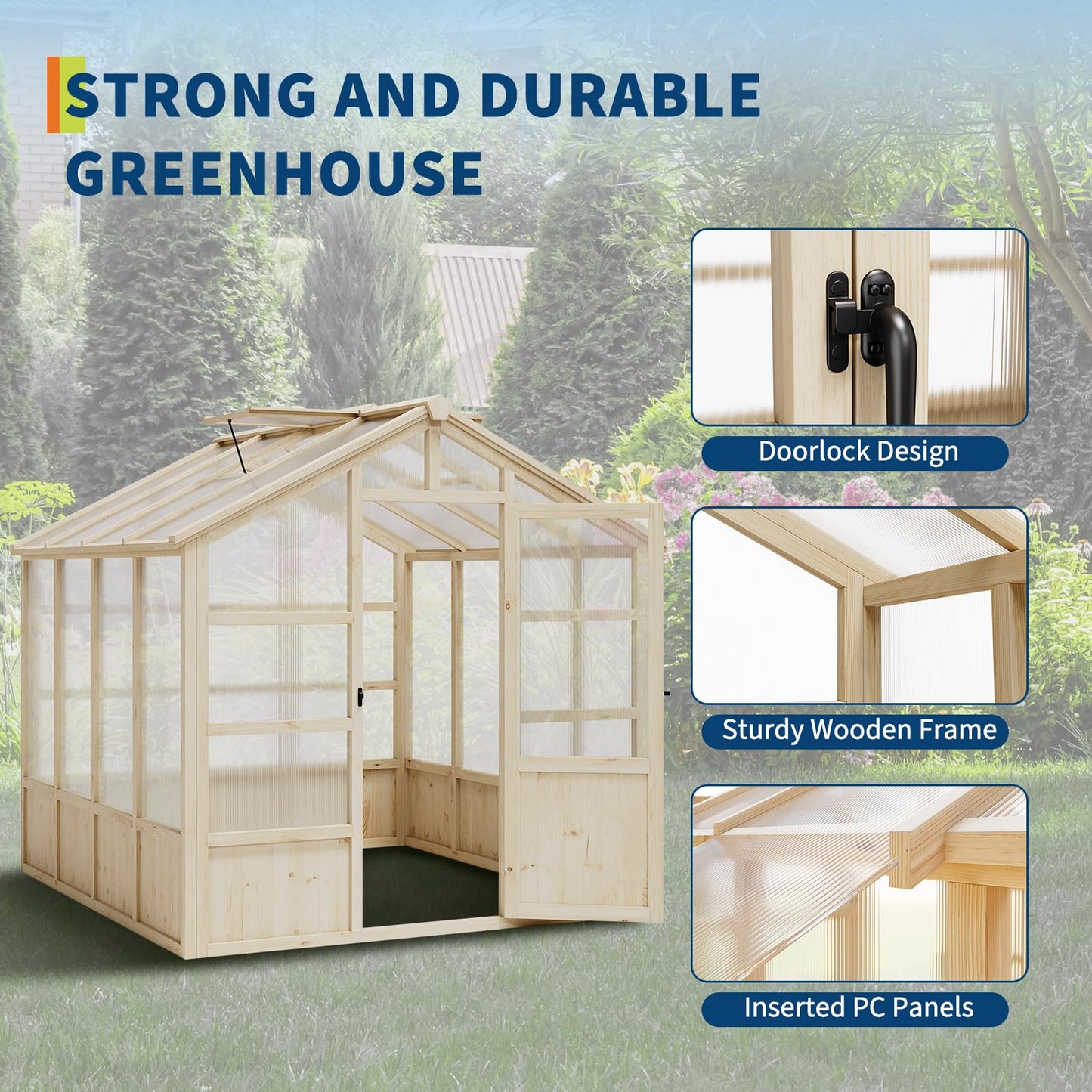 GarveeLife Wooden Greenhouse, 8x8 ft Greenhouses for Outdoors with Lockable Door, Wood Frame & Adjustable Vent, Heavy Duty Greenhouse with Polycarbonate Panel for Outside, Garden, Yard, Light Brown