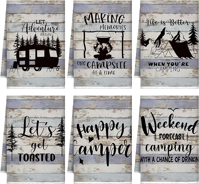 Boyiee Set of 6 Camping Kitchen Towels Happy Camper Tea Towels Absorbent