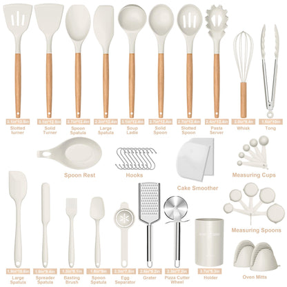 Silicone Cooking Utensils Set, 43Pcs Non-Stick Heat Resistant Kitchen Utensils Spatula Set with Wooden Handle for Baking, Cooking, and Mixing, Best Kitchen Gadgets Tools with Holder (White)