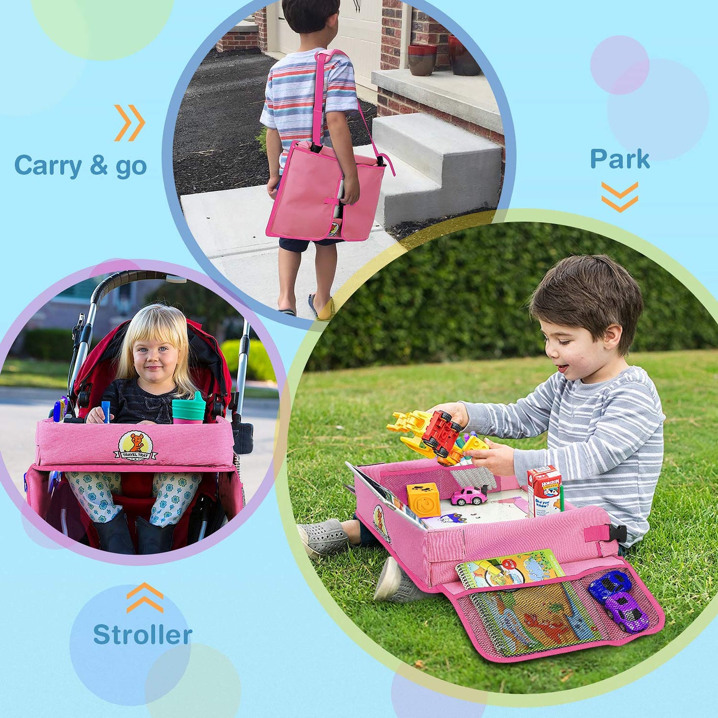 lenbest Travel Tray, Indoor & Outdoor Learning Educational Toys Play Tray Lap Desk with Dry Erase Top - 6 Pens & 5 Drawing Papers - Multifunctional Activity Tray for Kids Toddlers Boys Girls (Pink)