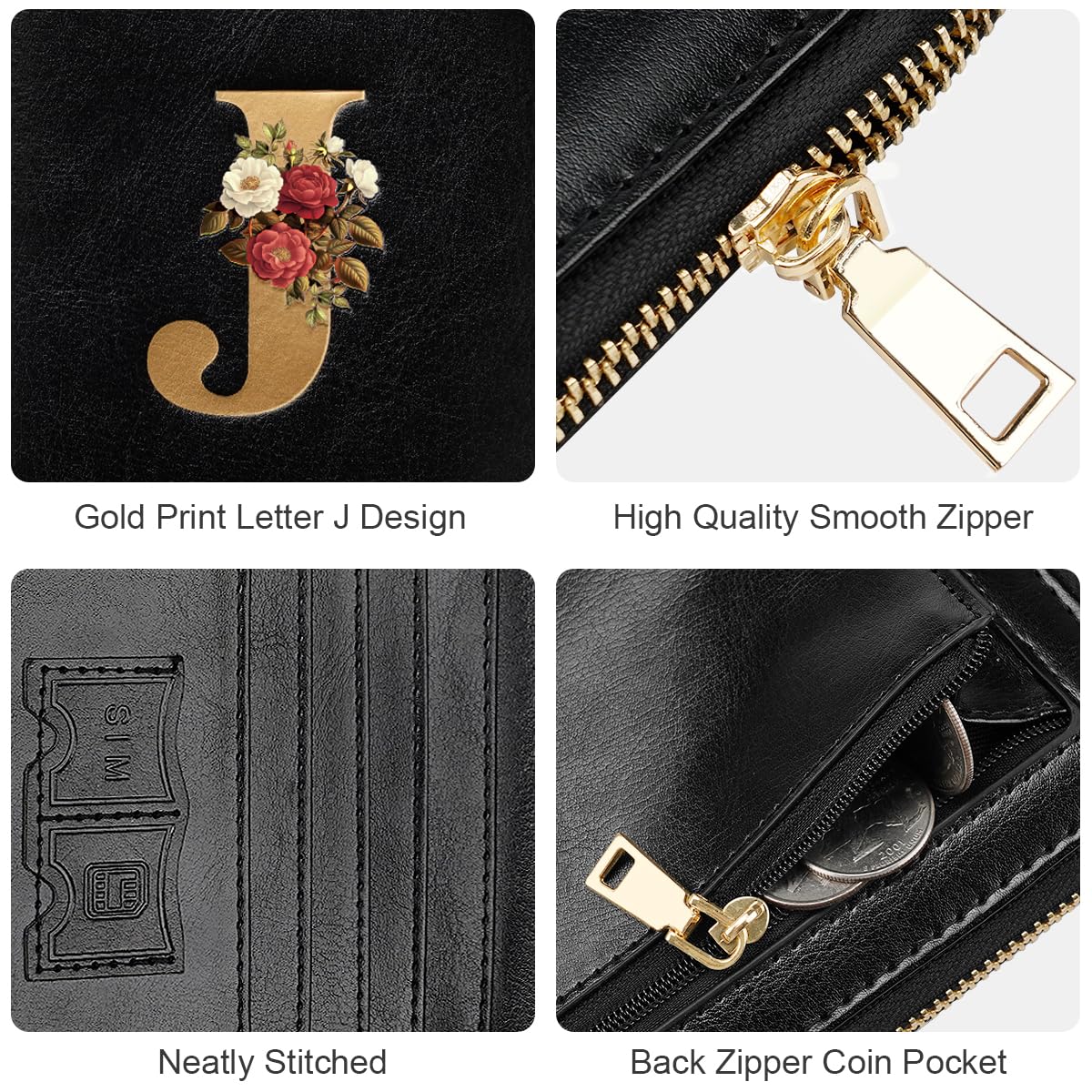 Passport Holder Cover Wallet with Zipper Personalized Initial Letter J Rose Flower RFID Blocking Travel Wallets Credit Cards Holder for Women, Gift for Wife and Girlfriend,J