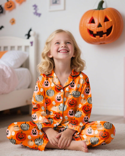 Sylfairy Girls Halloween Pajamas Silk PJS Set Pumpkin Satin Sleepwear Short Sleeve Jammies for Kids Button-Down Nightwear Scary Halloween Pumpkin Costume Size 7 Size 8 Size 7-8