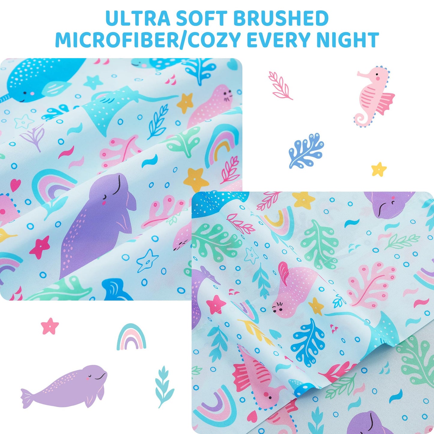 Viviland 3 Pieces Girls Blue Marine Twin Sheet Set - Soft Microfiber Fitted Flat Sheets & Pillowcase Bed Sheet Set - Colorful Marine Animals Print Bedding Sets for Kids