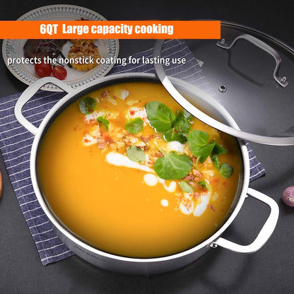 DELARLO Frying Pan,12 inch Skillet with lid,Tri-Ply Stainless Steel Saute Pan 6QT,Dishwasher-Friendly,Stay-Cool Handles,Oven-Safe Up to 660℉