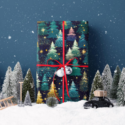 SaringSwoon Christmas Tree Wrapping Paper for Kids Adults - Xmas Wrapping Paper with Starry Night Sky, Christmas Trees and Stars Designs for Winter Holiday - 40×28 Inches, 4 Folded Sheets