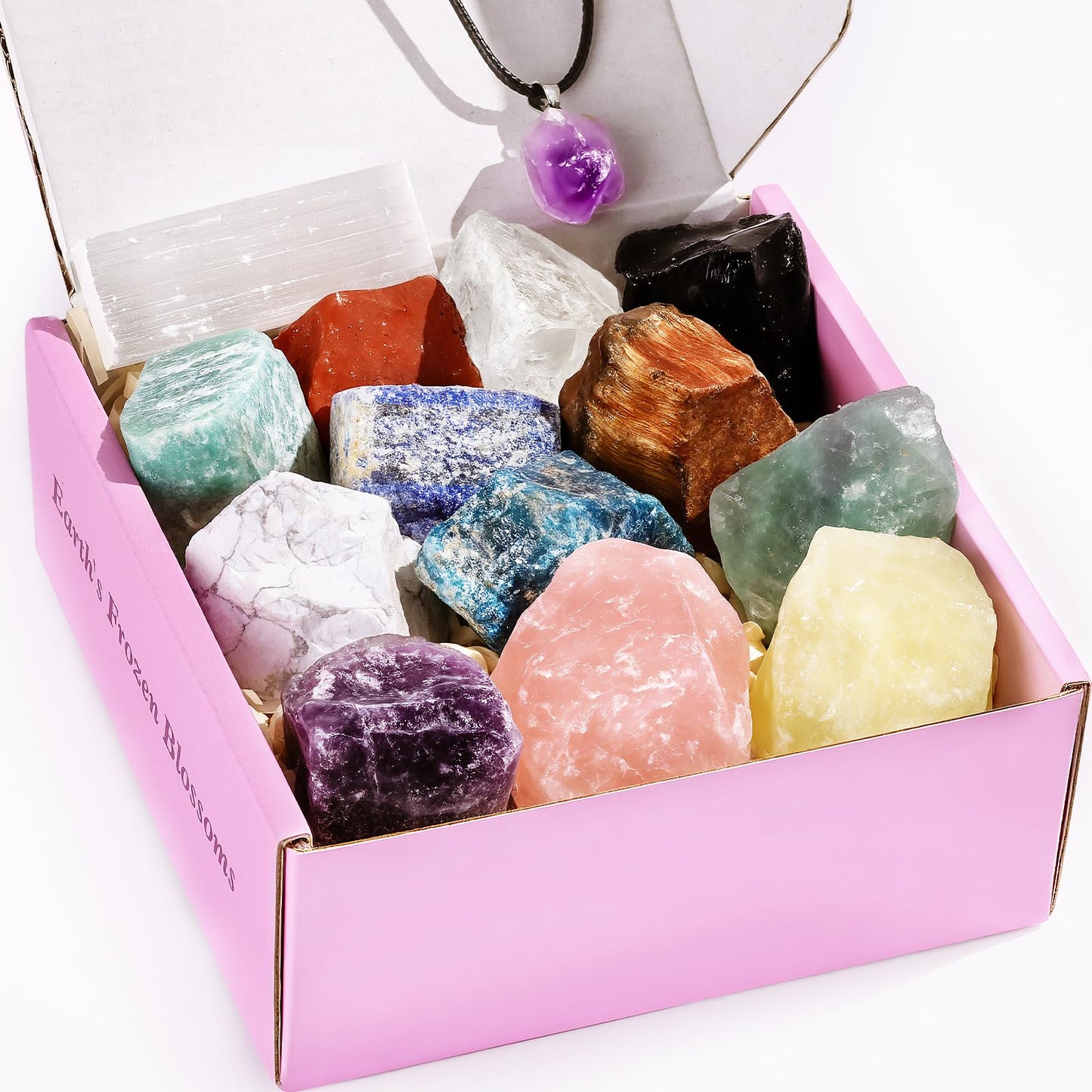 14Pcs Crystals and Healing Stones, Real Healing Crystals, Raw Crystals, Selenite Charging Plate, Amethyst Necklace, Rose Quartz