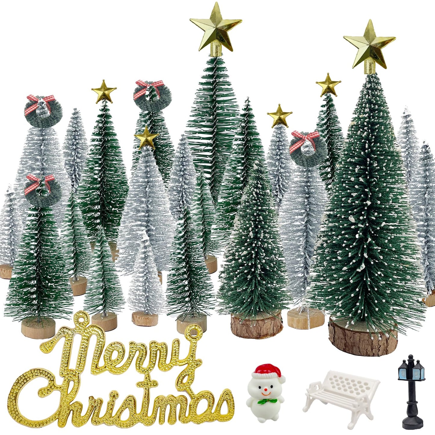 NotiGat Miniature Christmas Pine Tree mini Bottle Brush Christmas Trees Table top Village Winter Tree for Christmas Decorations Wooden Bases （36pcs）