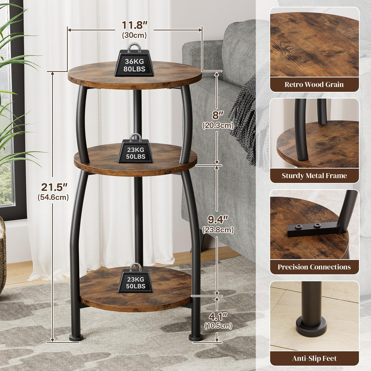 Yuede Small Round Side Table for Small Spaces, 3-Tier End Table with Storage Shelf, Slim Night Stand Sofa Corner Table for Living Room Bedroom, Patio and Corner, Rustic Brown