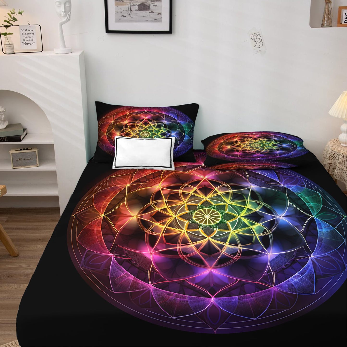 zcsm Mandala Sheets King Sheet Sets - Chakra Bed Sheets, Soft Microfiber & Deep Pocket & Wrinkle Free Patterned Bedding Sheets & Pillowcases, 4 Piece (1 Fitted Sheet, 1 Flat Sheet, 2 Pillow Cases)