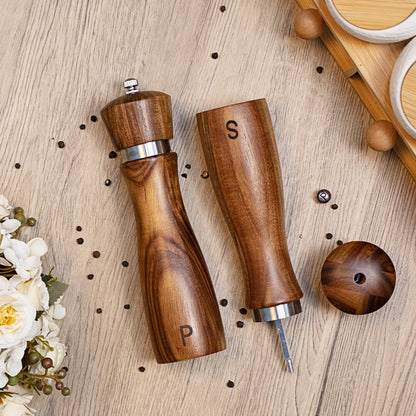Haomacro Salt and Pepper Grinder Set of 2,8Inch Updated Wooden Pepper Mill Shaker,Modern Oak Wood Salt Mill Pepper Grinder Set Refillable with Adjustable Ceramic Rotor