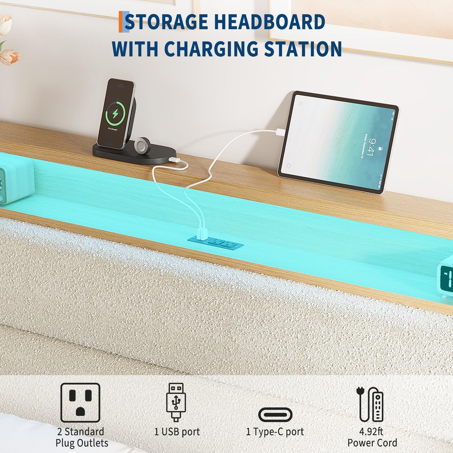 GAOMON Full Size Upholstered Platform Bed Frame with RGB LED Lights, Storage Headboard & Charging Station, Under Bed Storage, No Box Spring Needed, Cream