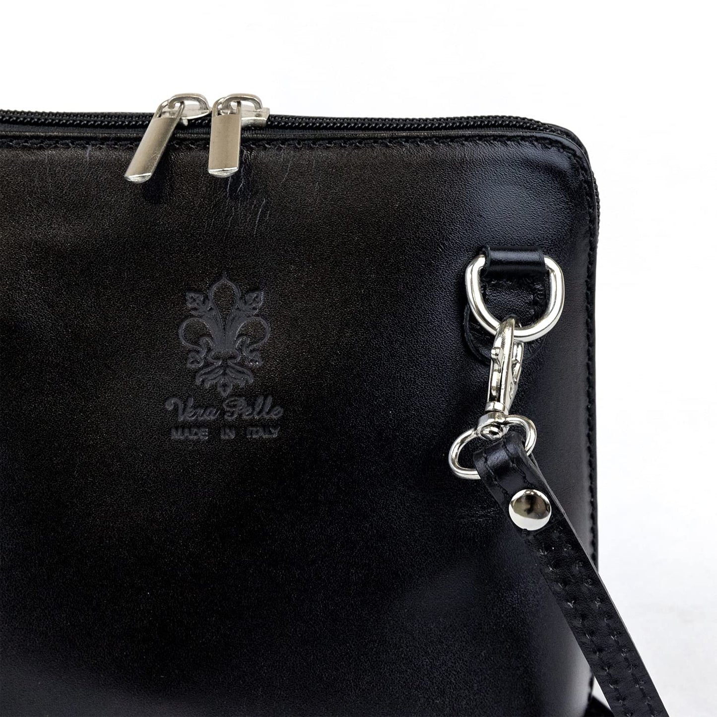 Small Vera Pelle Handbag Genuine Leather Cross Body Bag for Women Italian Mini Shoulder Bag Highquality Strap (Black)