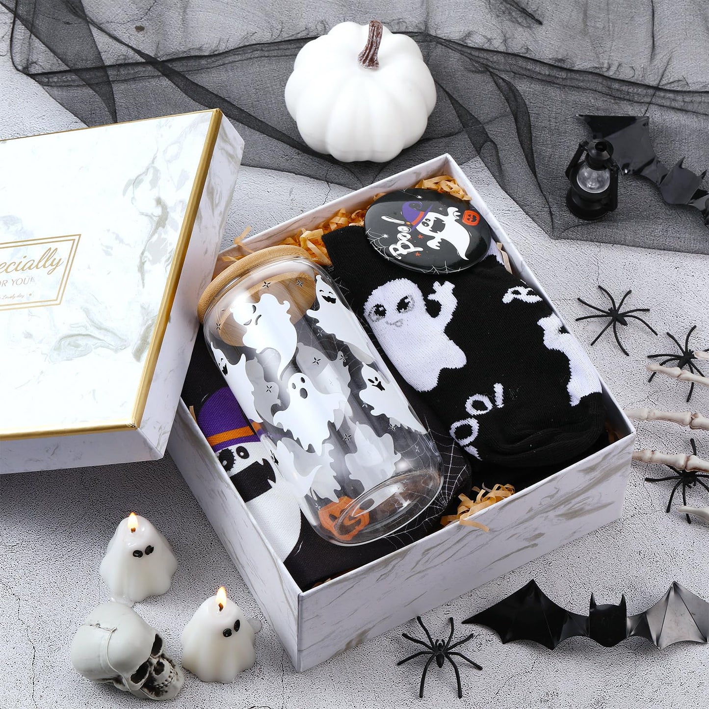 Kacctyen 5 Pcs Boo Basket Gift for Women Spooky Ghost Gift 16 oz Ghost Glass Cups with Lid Straw Spooky Cosmetic Makeup Bag Pocket Mirror Sock Boo Basket Stuffers for Her Sister Friend