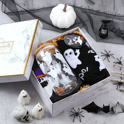 Kacctyen 5 Pcs Boo Basket Gift for Women Spooky Ghost Gift 16 oz Ghost Glass Cups with Lid Straw Spooky Cosmetic Makeup Bag Pocket Mirror Sock Boo Basket Stuffers for Her Sister Friend