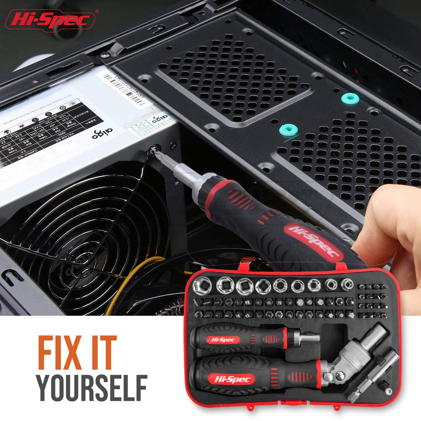 Hi-Spec 61pc 1/4” Hex Driver Bits & Socket Set with Right Angle Ratchet Handle. Easy Repairs with Torx & Small Precision Multi Bits. Screwdriver Bit Set in a Storage Case