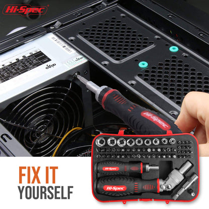 Hi-Spec 61pc 1/4” Hex Driver Bits & Socket Set with Right Angle Ratchet Handle. Easy Repairs with Torx & Small Precision Multi Bits. Screwdriver Bit Set in a Storage Case