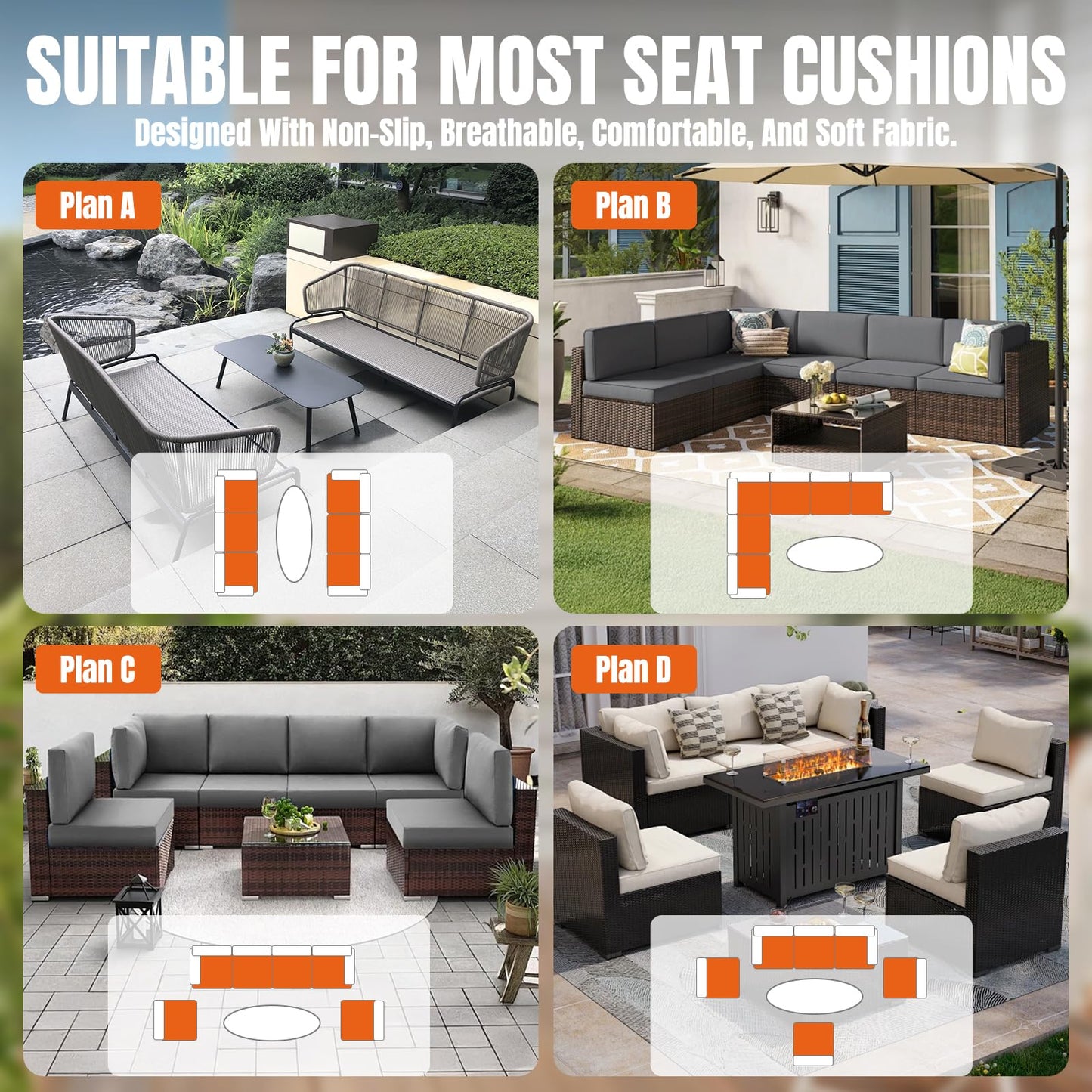 Cabubra 14pcs Outdoor Patio Furniture Cushion Covers, Waterproof & Sun-Resistant Zippered,Fit for Patio Furniture Sectional Sofas and Wicker Rocking Chairs,3 Sizes,Orange,Covers Only