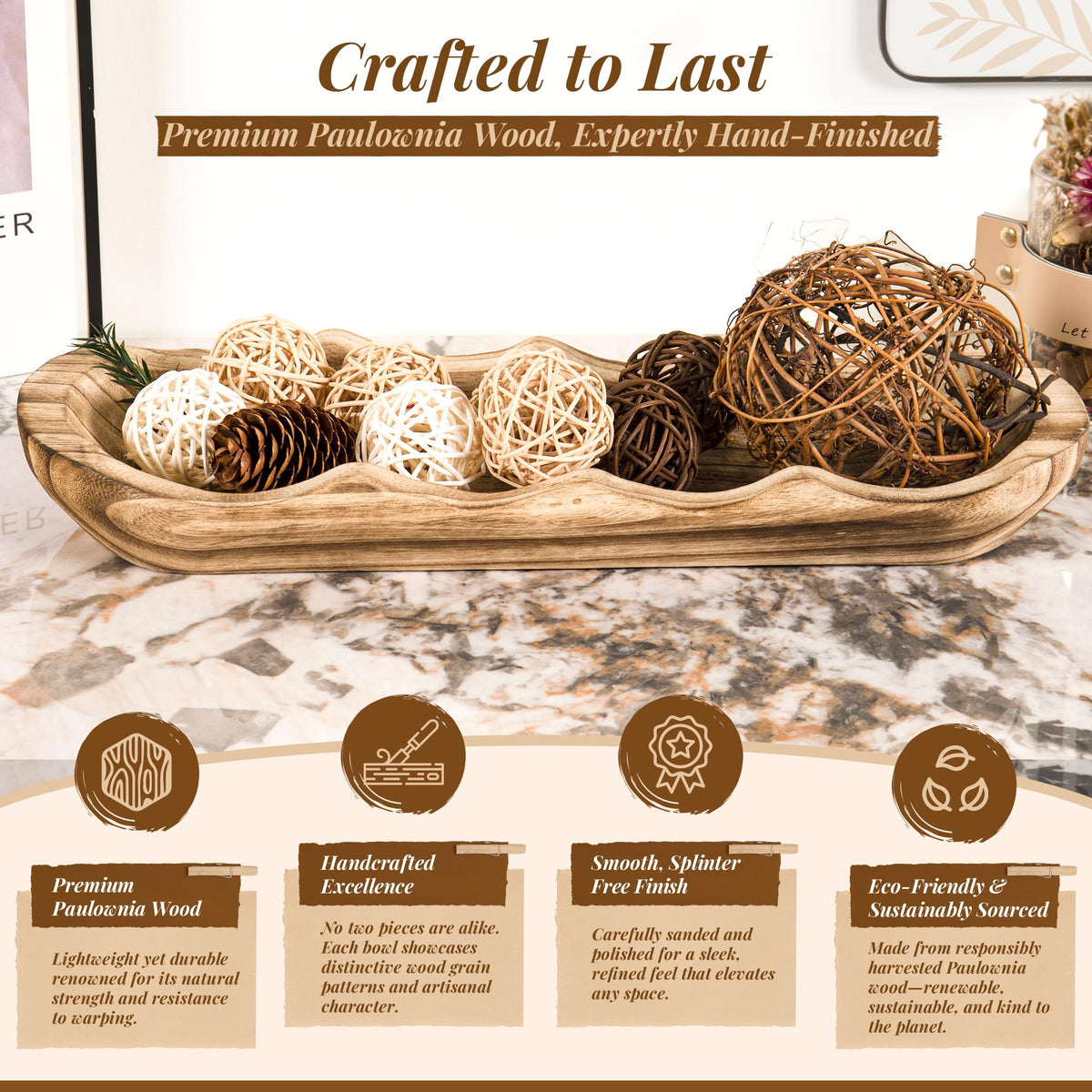 Kondito Wavy Edge Wooden Dough Bowl for Decor 16" L Lightweight Paulownia Wood Hand Carved Decorative Wooden Farmhouse Fruit Bowl Handmade, Home Decoration Centerpiece, Table Display Bowl
