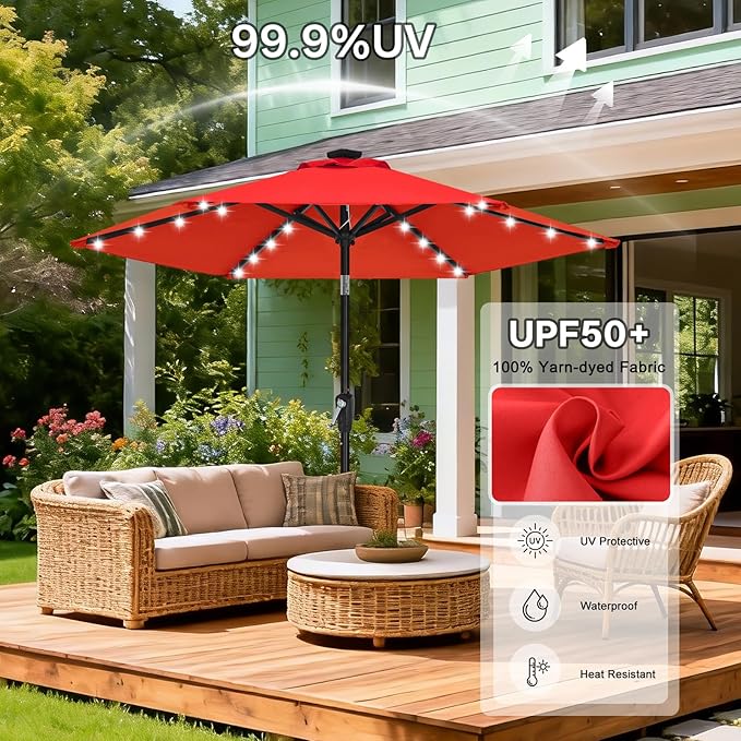 ABCCANOPY Durable Solar Led Patio Umbrellas with 24LED Lights 7.5FT with 6 Sturdy Ribs (Logo Red)