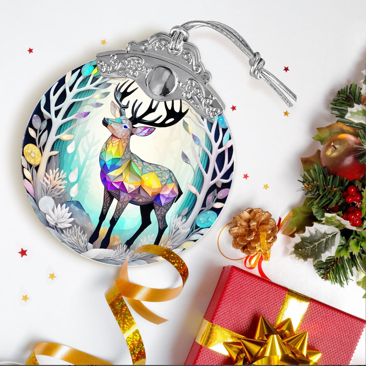 Jocidea Stained Glass Suncatcher, Deer Ornament for Christmas Tree, Holiday Home Decor and Gifts