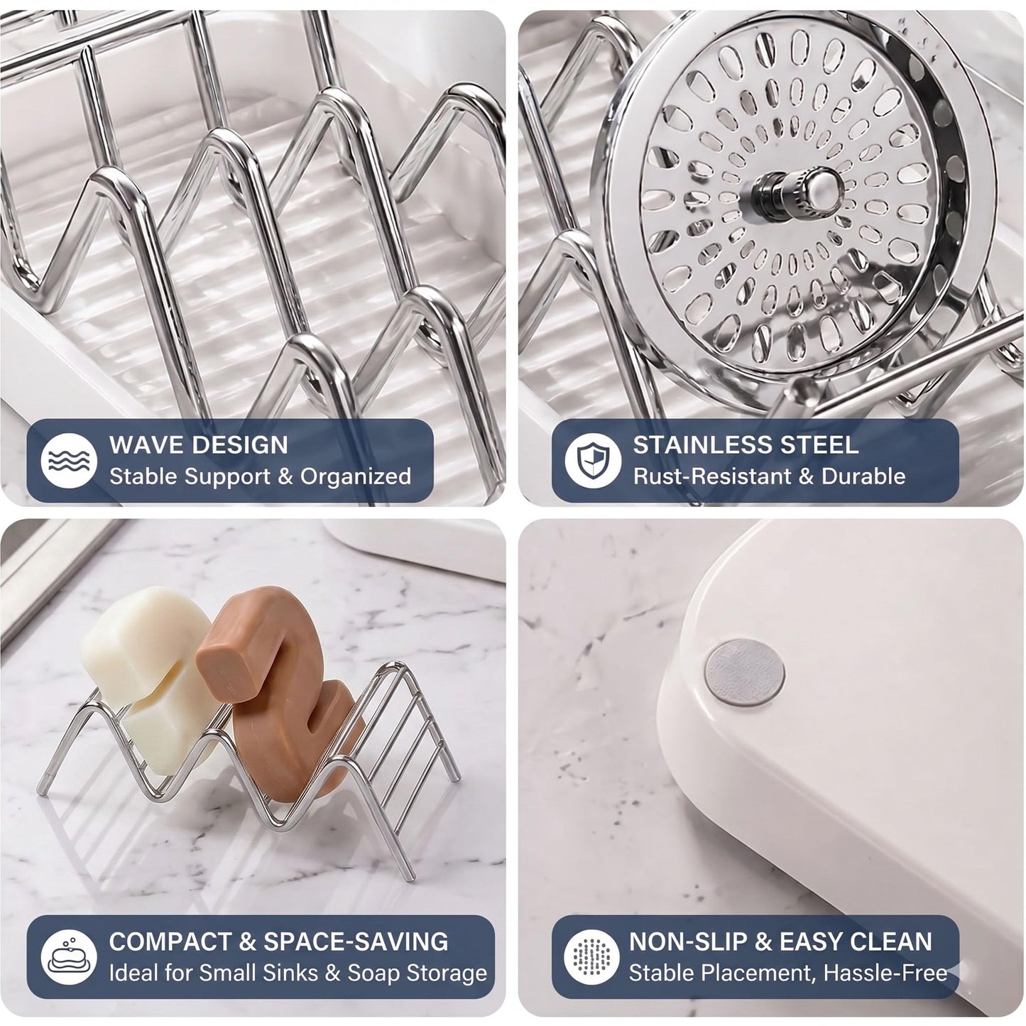 Bar Soap Holder with Removable Drip Tray,Rustproof SUS304 Stainless Steel Soap Dish for Shower Bathroom Countertop, Non-Slip Wave Bar Saver for Shampoo Soap Sponge, White