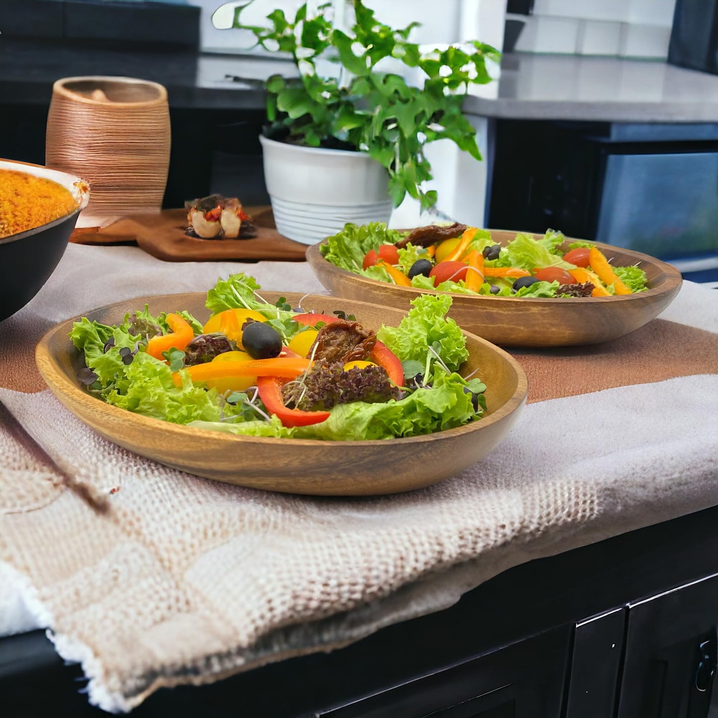 WRIGHTMART Acacia Wood Oval Bowl, Handmade, Rustic Server for Foods, Salads, Fruits, Bread - Dining Table & Kitchen Counter Décor - Entryway Key & Coin Catch-All Tray, 10.75" x 7" x 1.75"