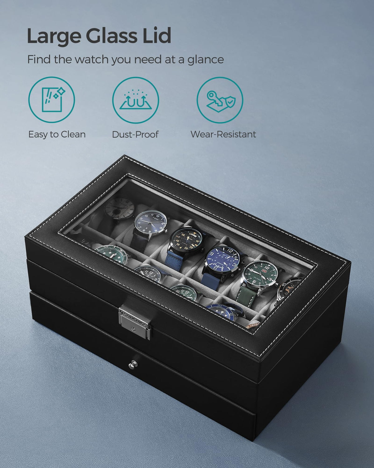 SONGMICS Watch Box, 12-Slot Watch Case Organizer with Large Glass Lid, 2 Layers, Removable Pillows, Metal Lock, Gift for Loved Ones, Black Synthetic Leather, Gray Lining UJWB012