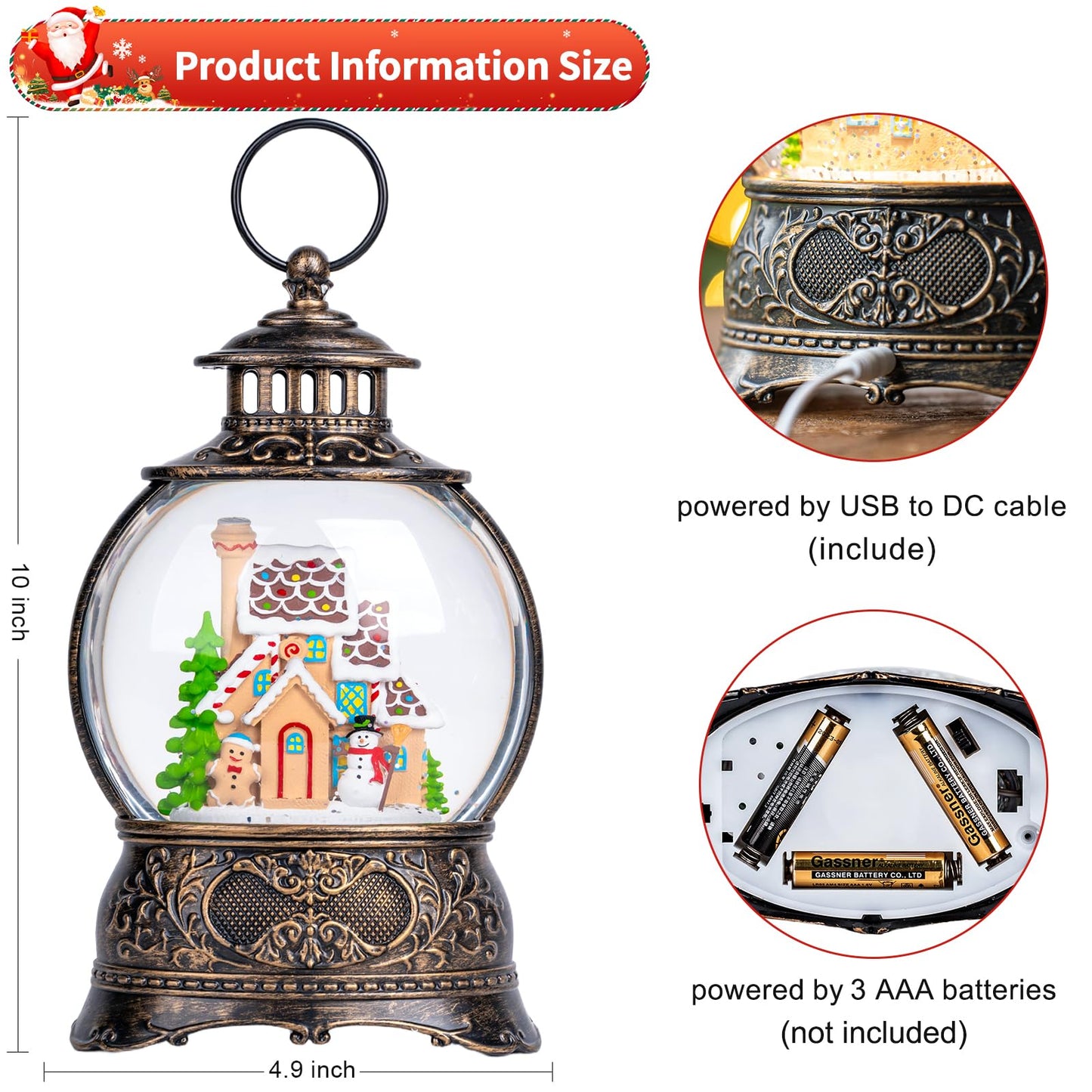 10" Christmas Snow Globes Lantern, Sparkling Musical Snowman Gingerbread House Lanterns, USB and Battery Powered Christmas Home Tabletop Decorations Gift
