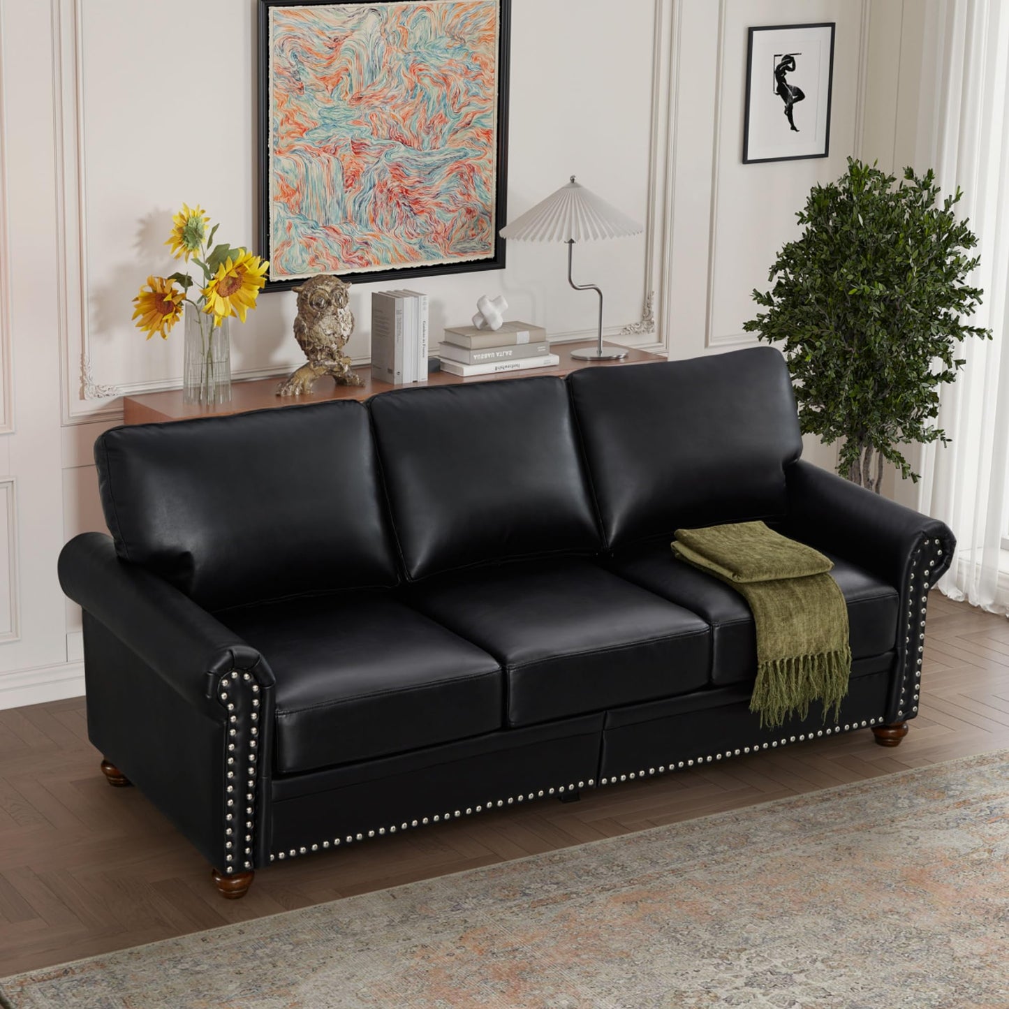KEIKI 82.68" Chesterfield Sofa, Retro Style Upholstered Faux Leather PU Couch with Storage Space, Rolled Arm, Nailhead for Living Room Bedroom Office Apartment, Black