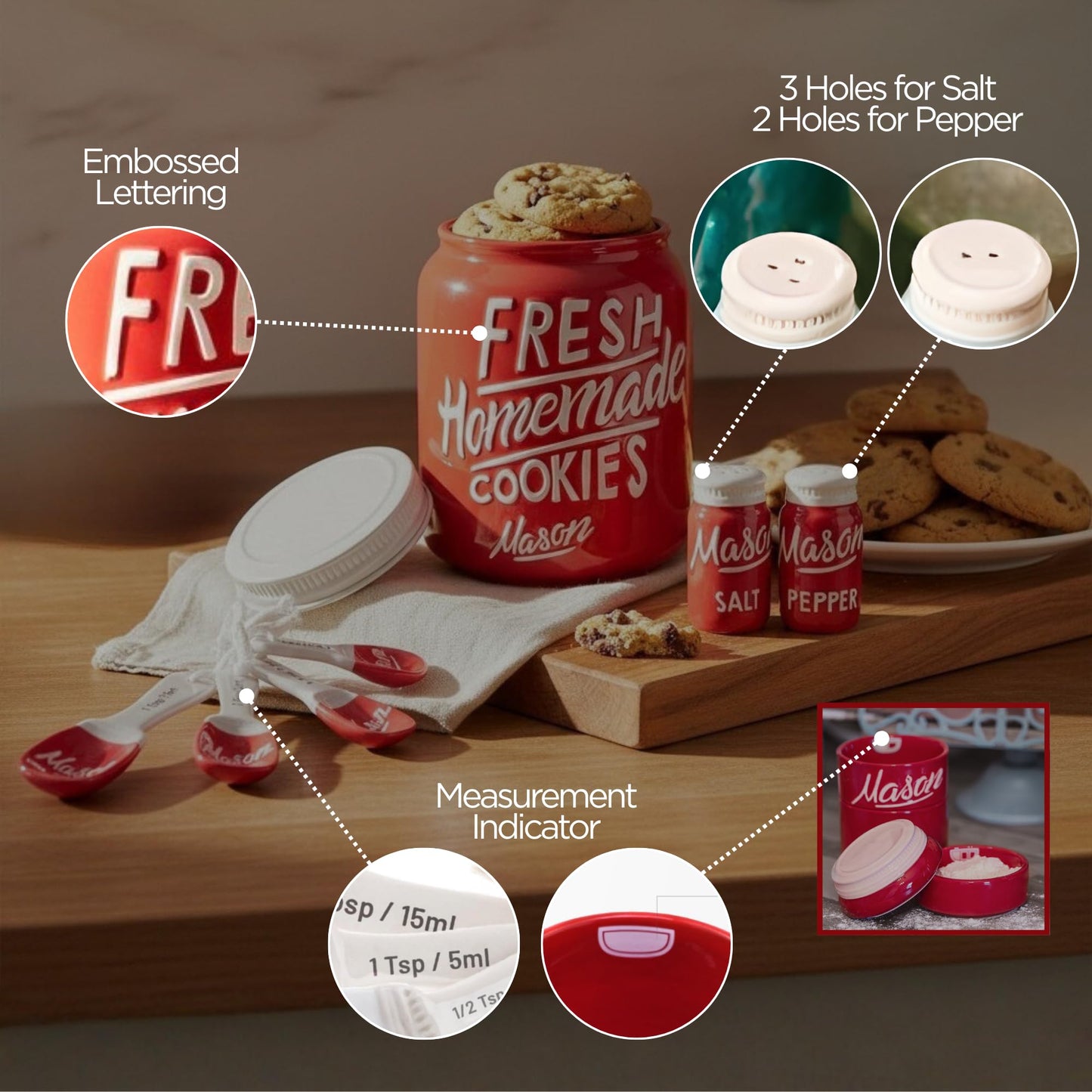 Mason Jar Ceramic Canister Set, Farmhouse Canisters Sets for the Kitchen Decor, Utensil Holder, Spoon Rest, Cookie Jar, Salt & Pepper Shaker, Sponge Holder, Measuring Cups & Spoons (Red, 17-Pc Bundle)