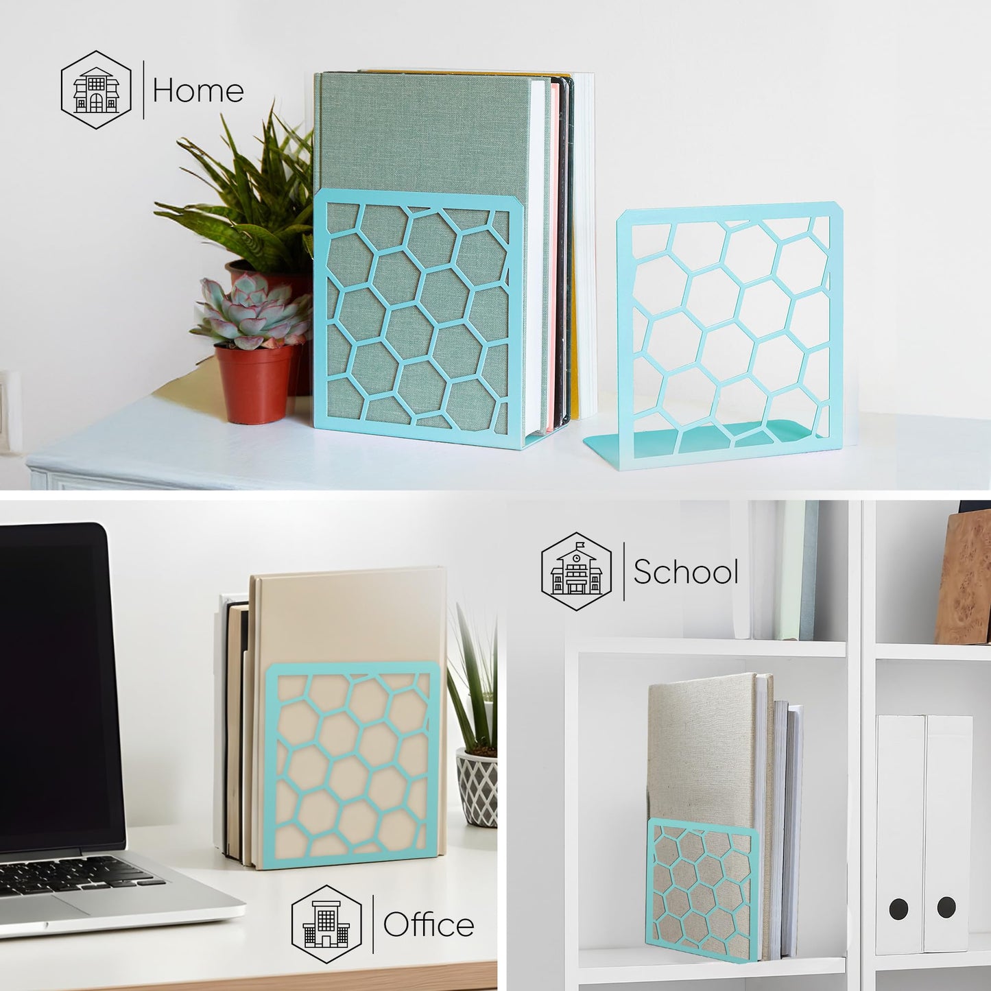 Turquoise Geometric Honeycomb Metal Bookends - Book Ends for Shelves - Decorative Modern Heavy Duty Bookend Stopper - Book Ends for Heavy Books - Home Office Book Holder - 1 Pair, 6x3.25x6.25 in
