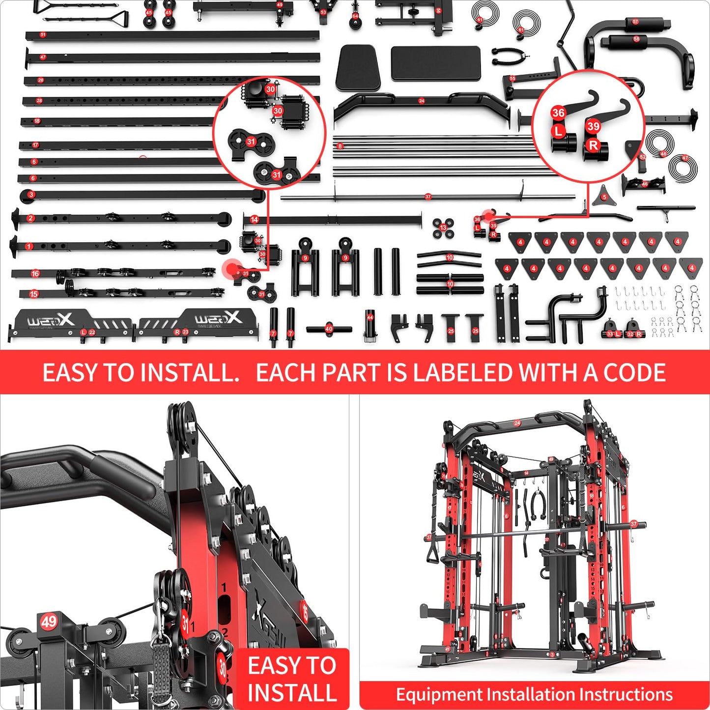 XGSW XINGESIWR Multi-Purpose Squat Rack,Smith Machine Weight Rack Set with Cable Crossover System, Home Gym Power Racks, Power Racks and Packages (L06 Two Users, Power cage Red+Bench)