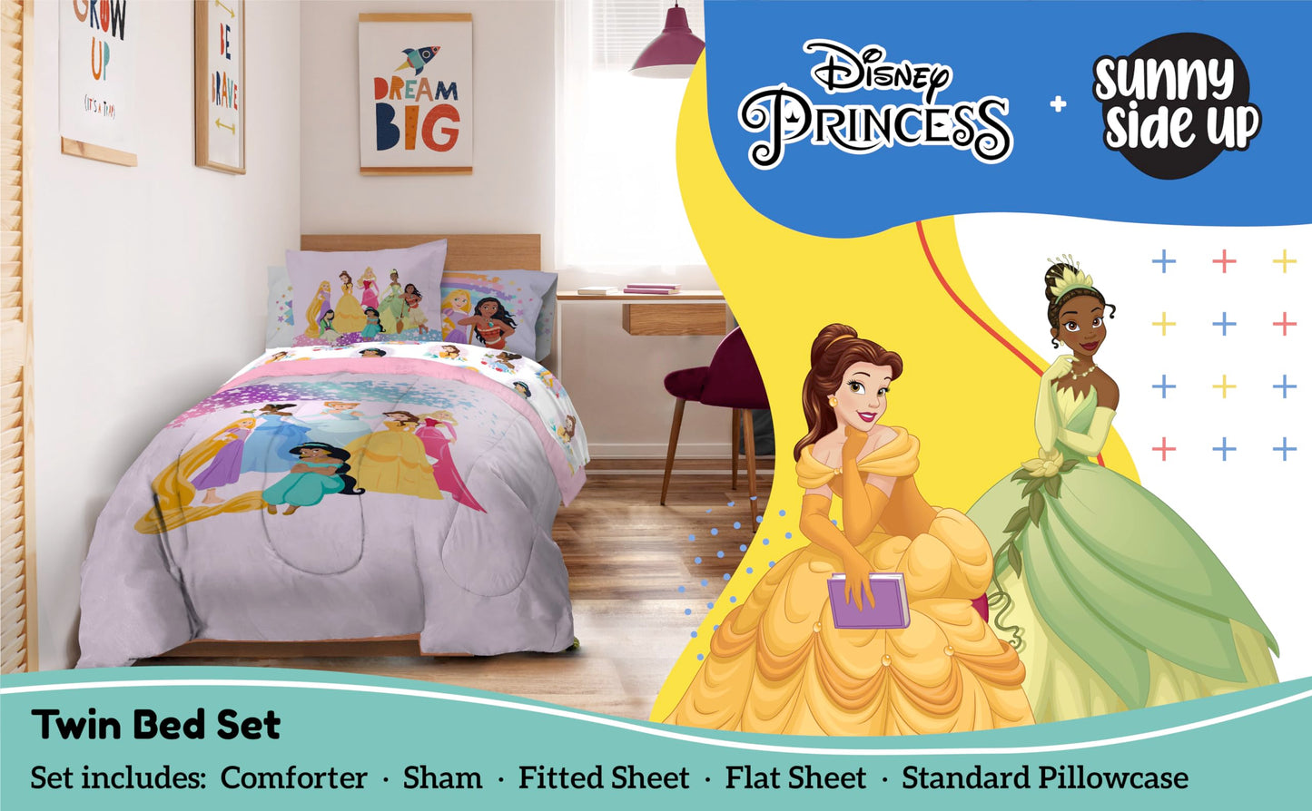 Disney Princess Twin Comforter Set - 5 Piece Kids Bedding Includes Comforter, Sheets & Pillow Cover - Super Soft Rainbow Stars Microfiber Bed Set