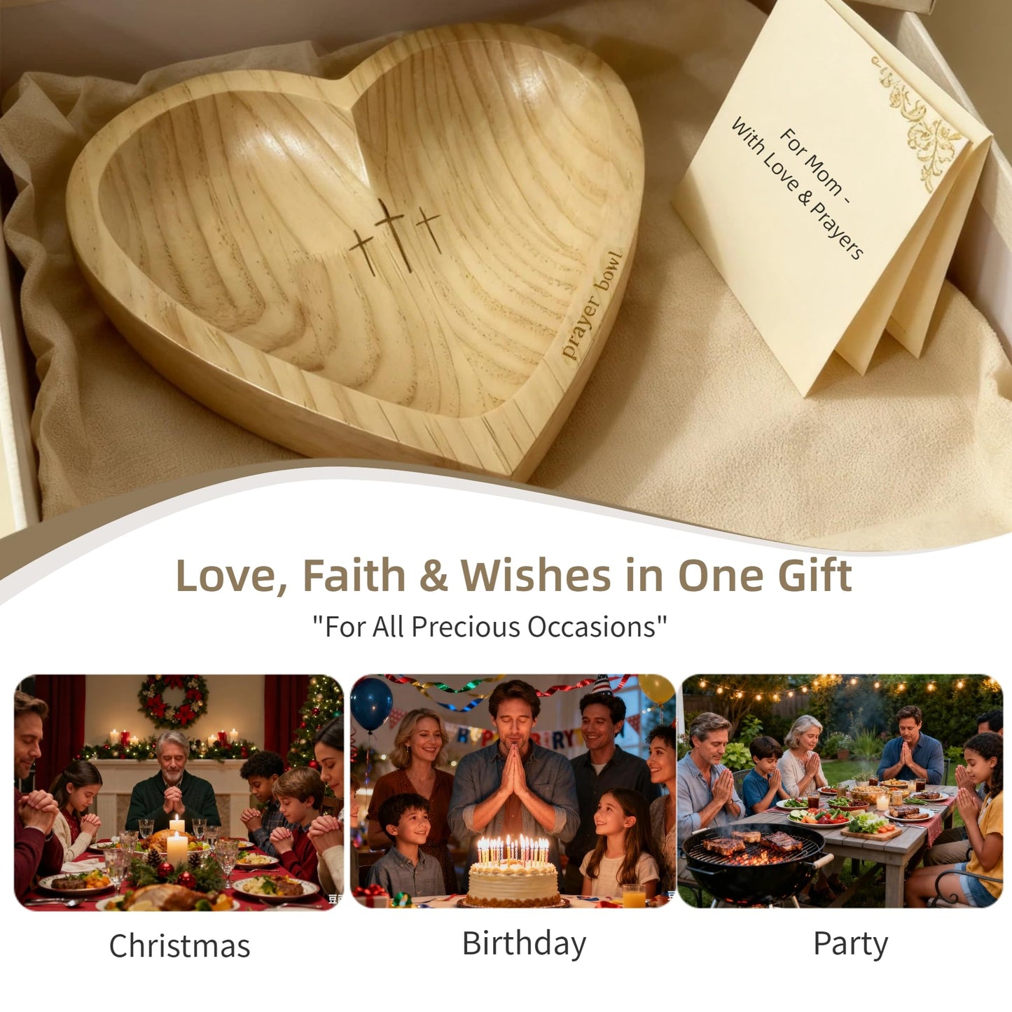 JimZePong Heart Prayer Bowl with 24 Cards, Christian Heart Shaped Wooden Dough Bowl, Handcrafted Prayer Request Bowl, Religious Gift for Women, Mom, Baptism, Church, Thanksgiving & Christmas Decor