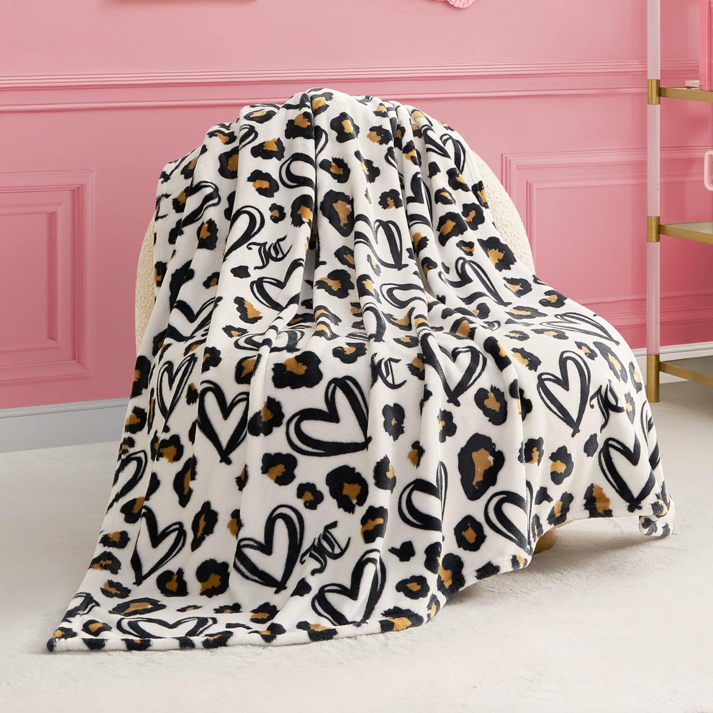 Juicy Couture Doodle Cheetah Heart 50" x 70" Plush Throw Blanket, White - Decorative Blankets for Sofas, Throws for Chairs, and Beds