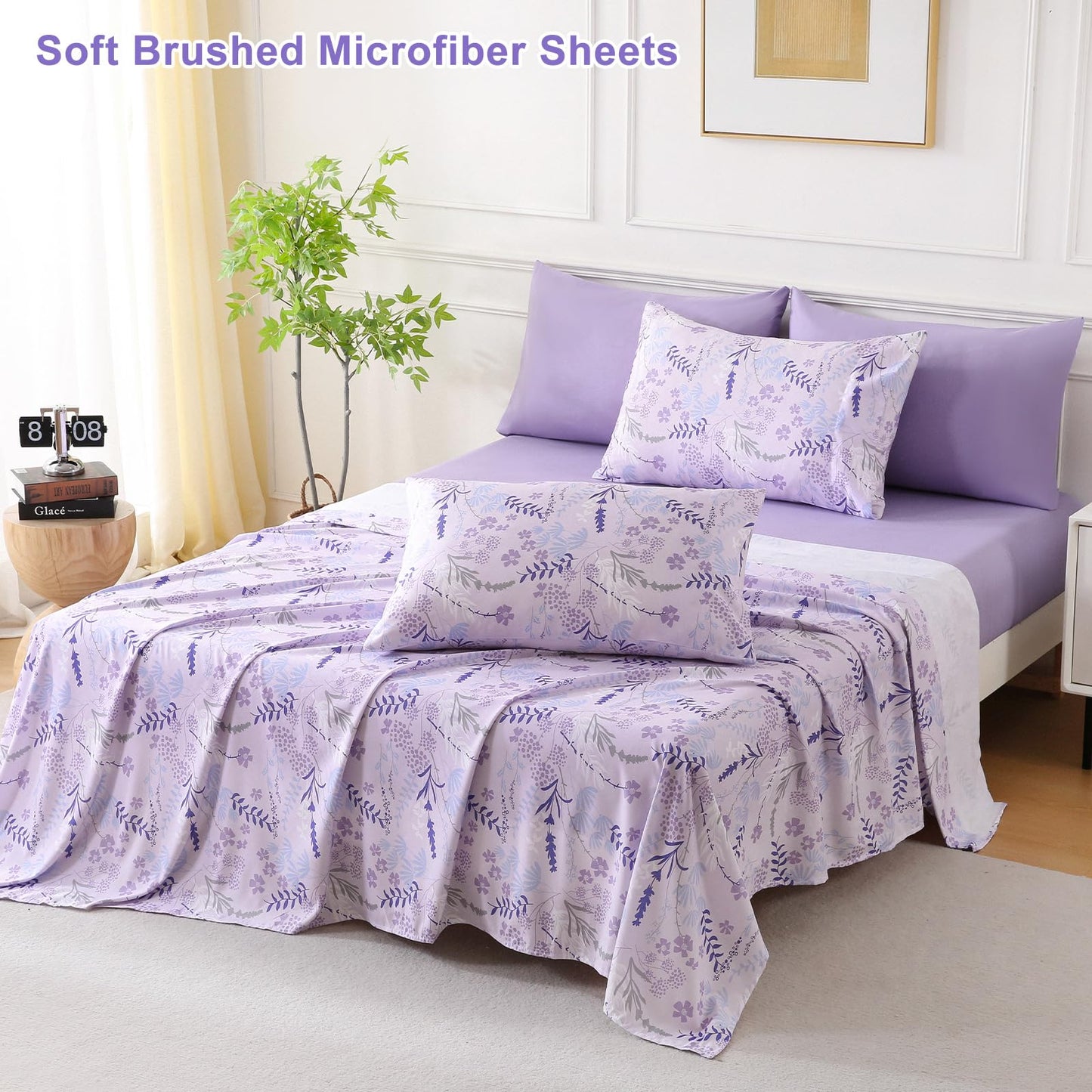 Botanical 6-Piece King Size Sheets Set, Boho Floral Print Brushed Microfiber Sheets, Cooling Bed Sheet Set, Ultra Soft & Breathable, 16' Deep Pocket Fitted Sheet & Pillowcase Set, Purple Floral