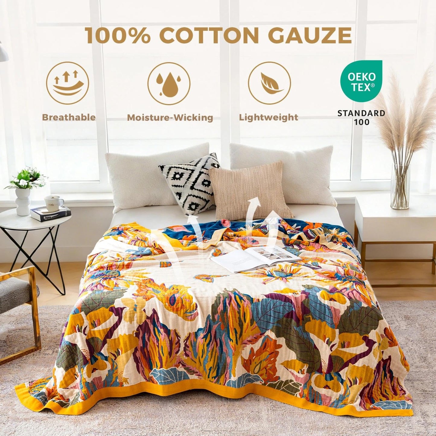 LUTBM Boho Throw Blanket 100% Cotton Soft Bed Throw Twin Lightweight Summer Blanket Floral Bird & Butterfly Room Decor Breathable Bed Blankets,60"x80" All Season Reversible Blankets for Couch Chair