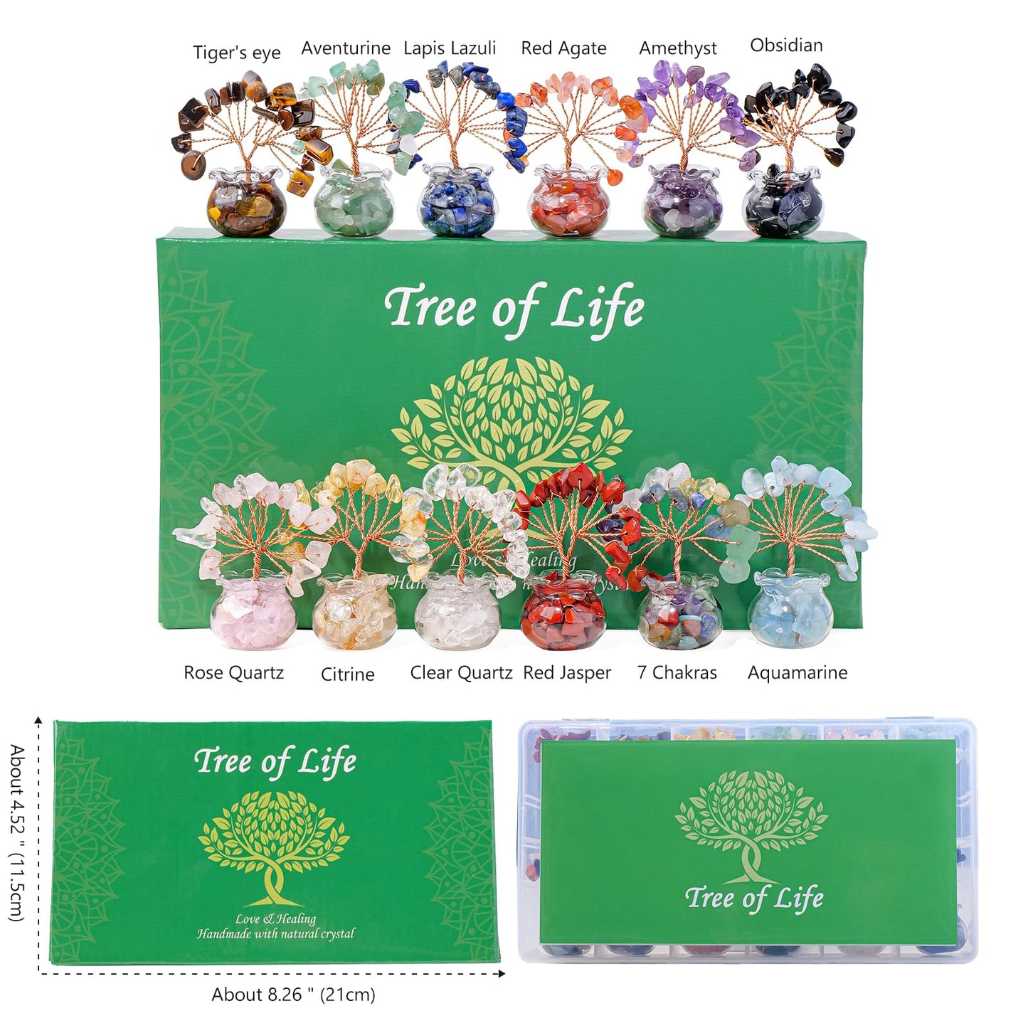 Runyangshi 12pcs Chakra Crystal Tree Set - Fengshui Money Tree with Gemstones, Glass Base, Natural Crystal and Healing Stones for Home Office Decor