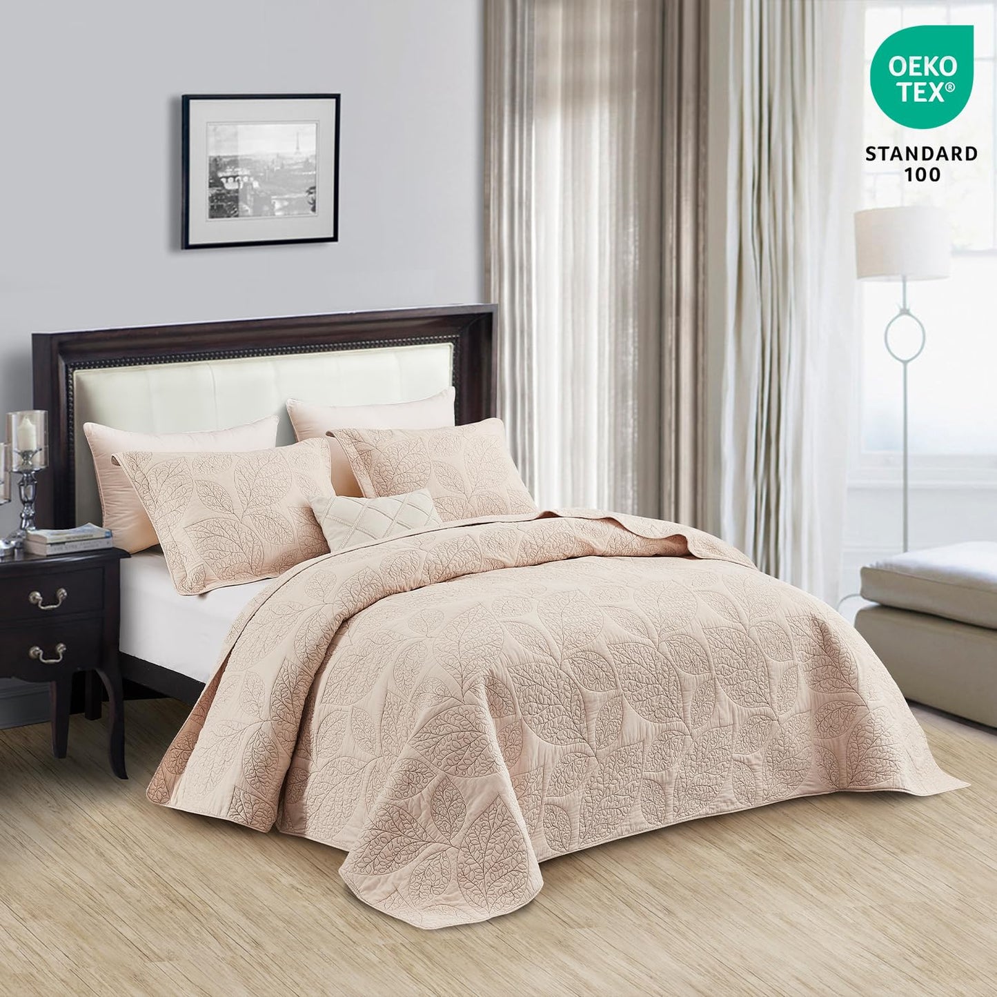 CHIXIN Botanical Cotton Quilt King Size - Real Stitching Leaf Pattern - Quilted Bedspread Coverlet Set, Ultra Soft, Lightweight, Reversible, 3 Piece, Oatmeal