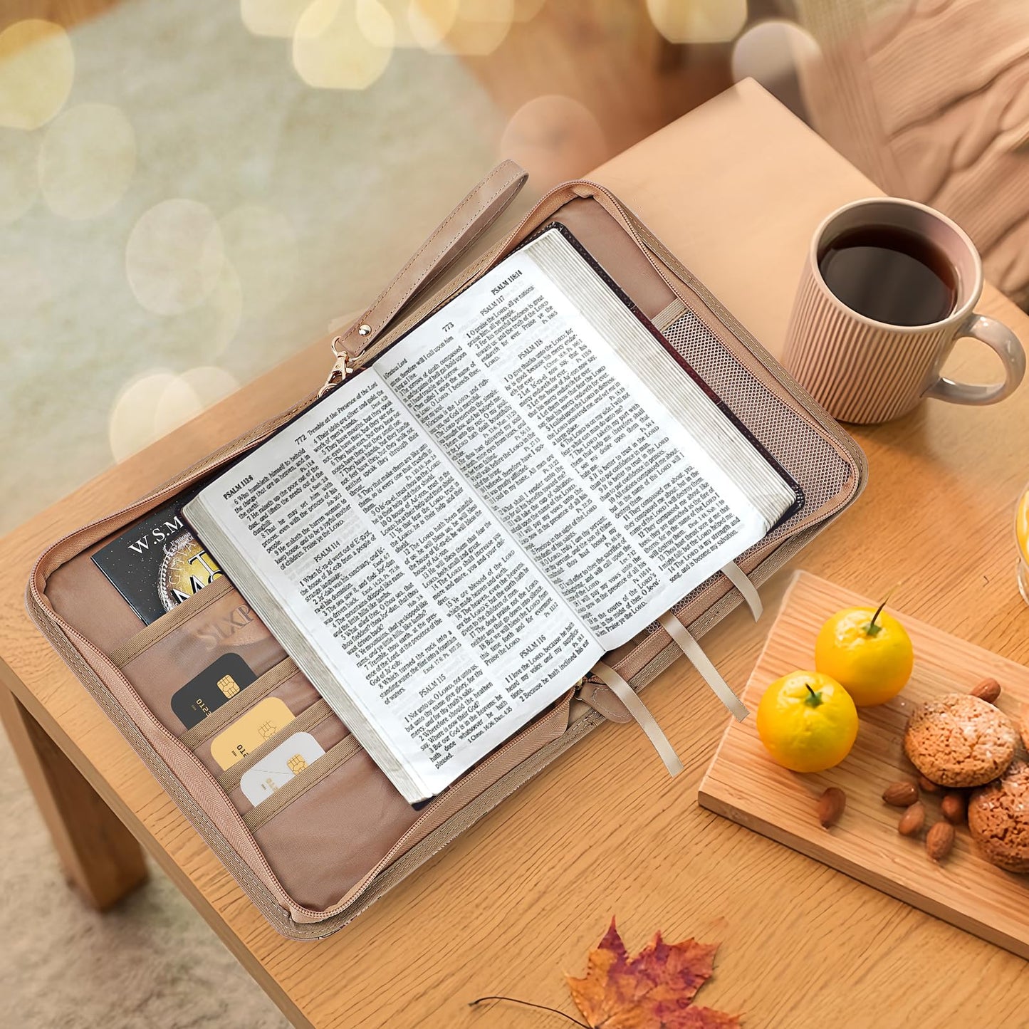Bible Cover Case, Portable, Leather Carrying Case with Handle&Zippered Pocket for Standard Size and Bible Accessories, Small Bible Bag, Ideal Gift for Women Men Lady Girls