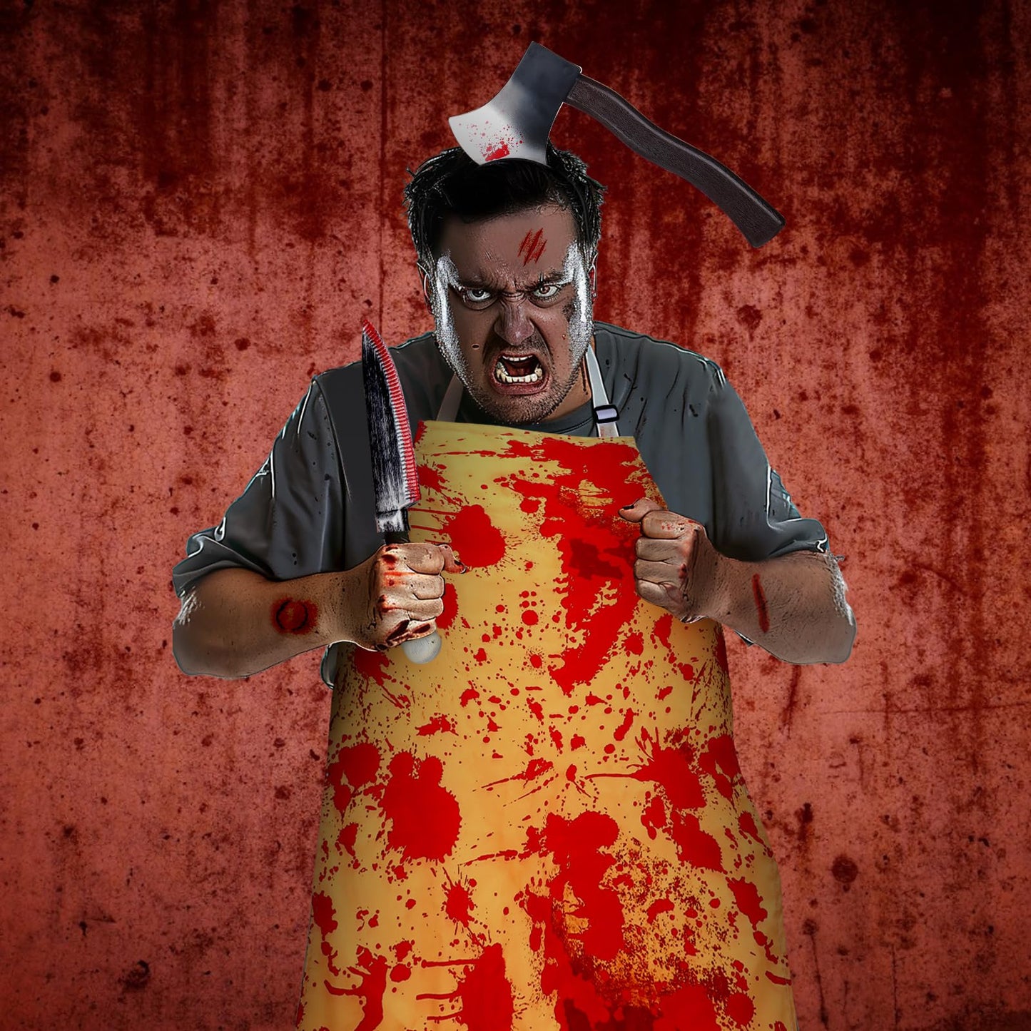 Halloween Bloody Butcher Costumes Set- Waterproof Bloody Apron with Axe Headband Butcher Knife Temporary Tattoos, Terrifying Role Play for Men Costume Party Carnival Prop Accessories (Yellow)