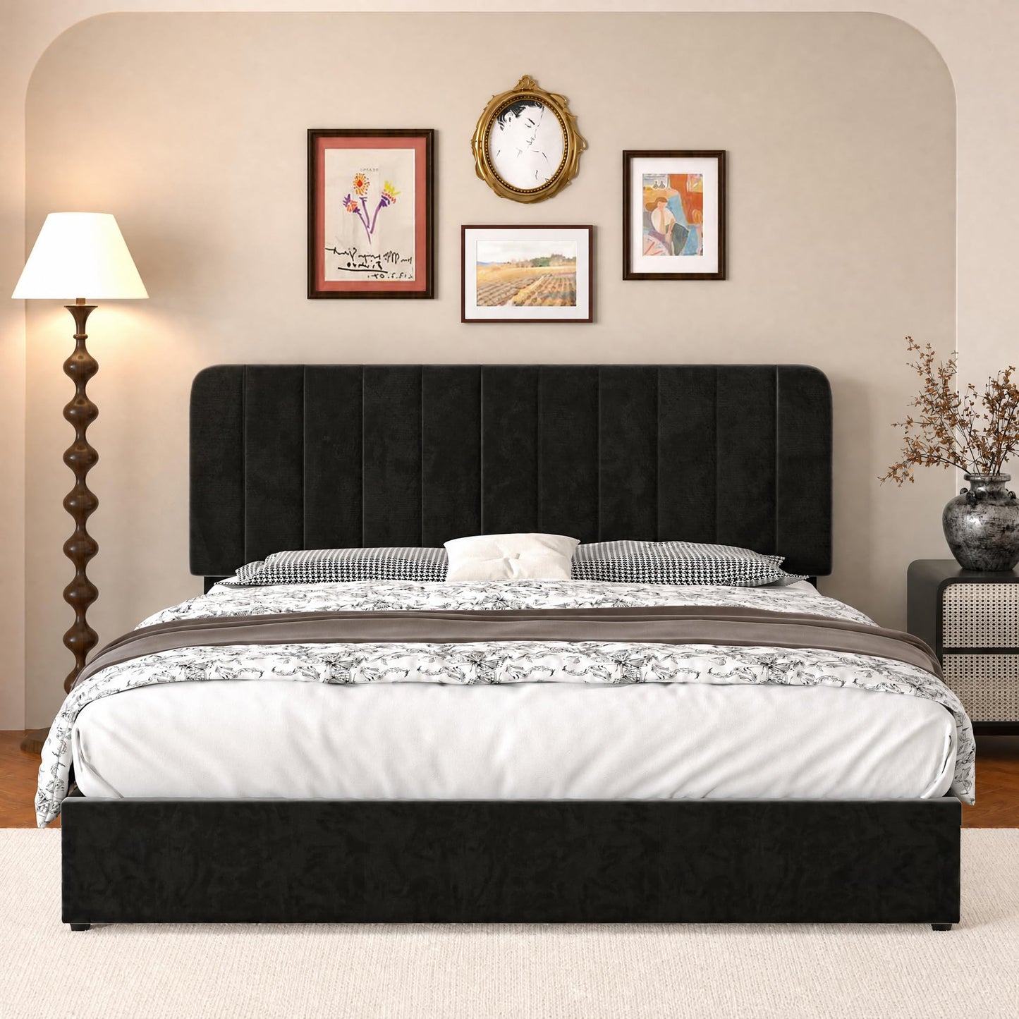 VECELO Full Size Upholstered Bed Frame with 4 Drawers and Headboard, Velvet Platform Storage Bedframe, Wooden Slats Support, No Box Spring Needed,Black