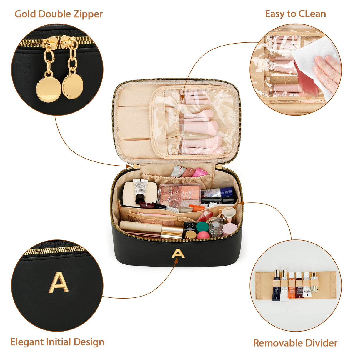 CLOUDWINGS Gifts for Women Travel Makeup Bag Personalized Cosmetic Bag Portable Large Capacity Toiletry Bag(Black-A)