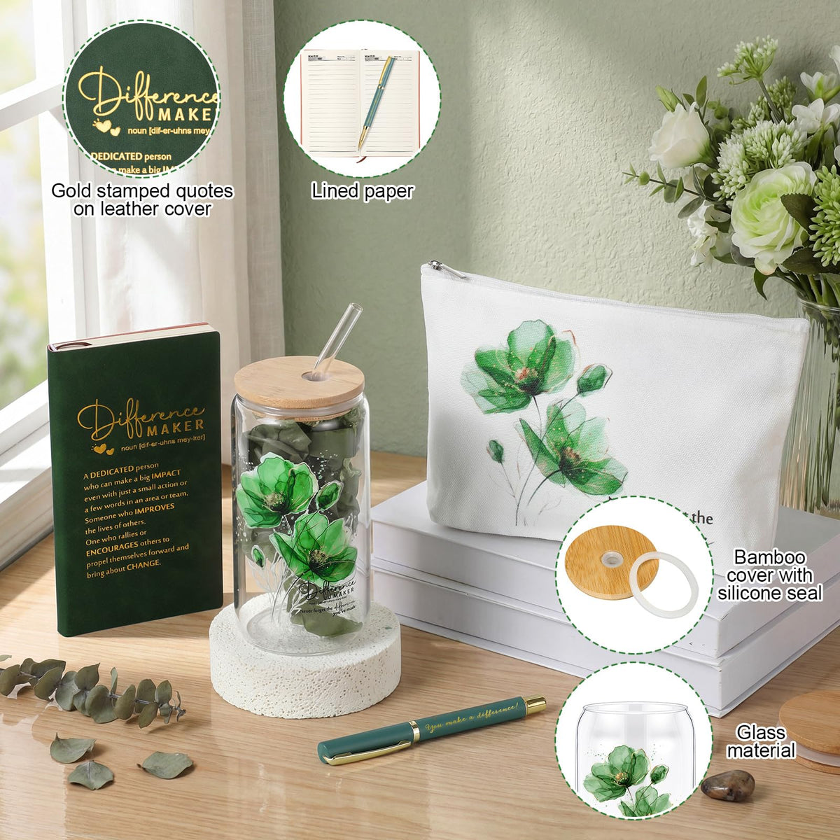 Meanplan 5 Pcs Difference Maker Gifts for Women Employee Appreciation Journal Tumbler Tote Bag Makeup Bag You Make a Difference Pen for Volunteer Nurse Coworker Lab Week Mother Day(Green,Flowers)