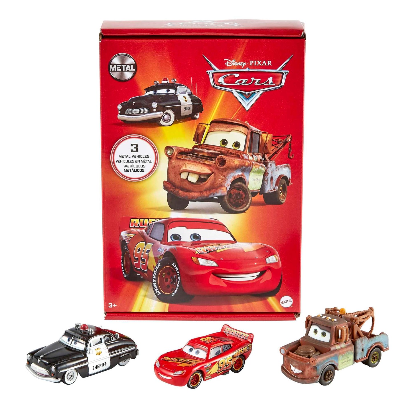 Mattel Disney and Pixar Cars Toys, Radiator Springs 3-Pack with Lightning McQueen, Mater and Sheriff Die-Cast Toy Cars, HBW14