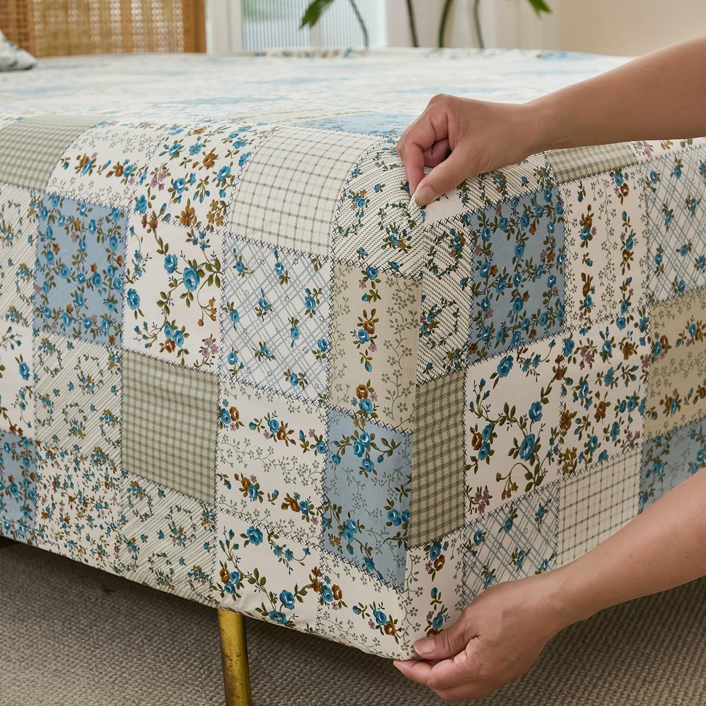 Cozaline Shabby Chic Floral Patchwork Sheets Set Queen Size, Crisp Cooling Sheets with a Smooth Cotton Percale Lightweight Feel, 4 Pieces Luxury Soft Deep Pocket Fitted Sheet 17.5''
